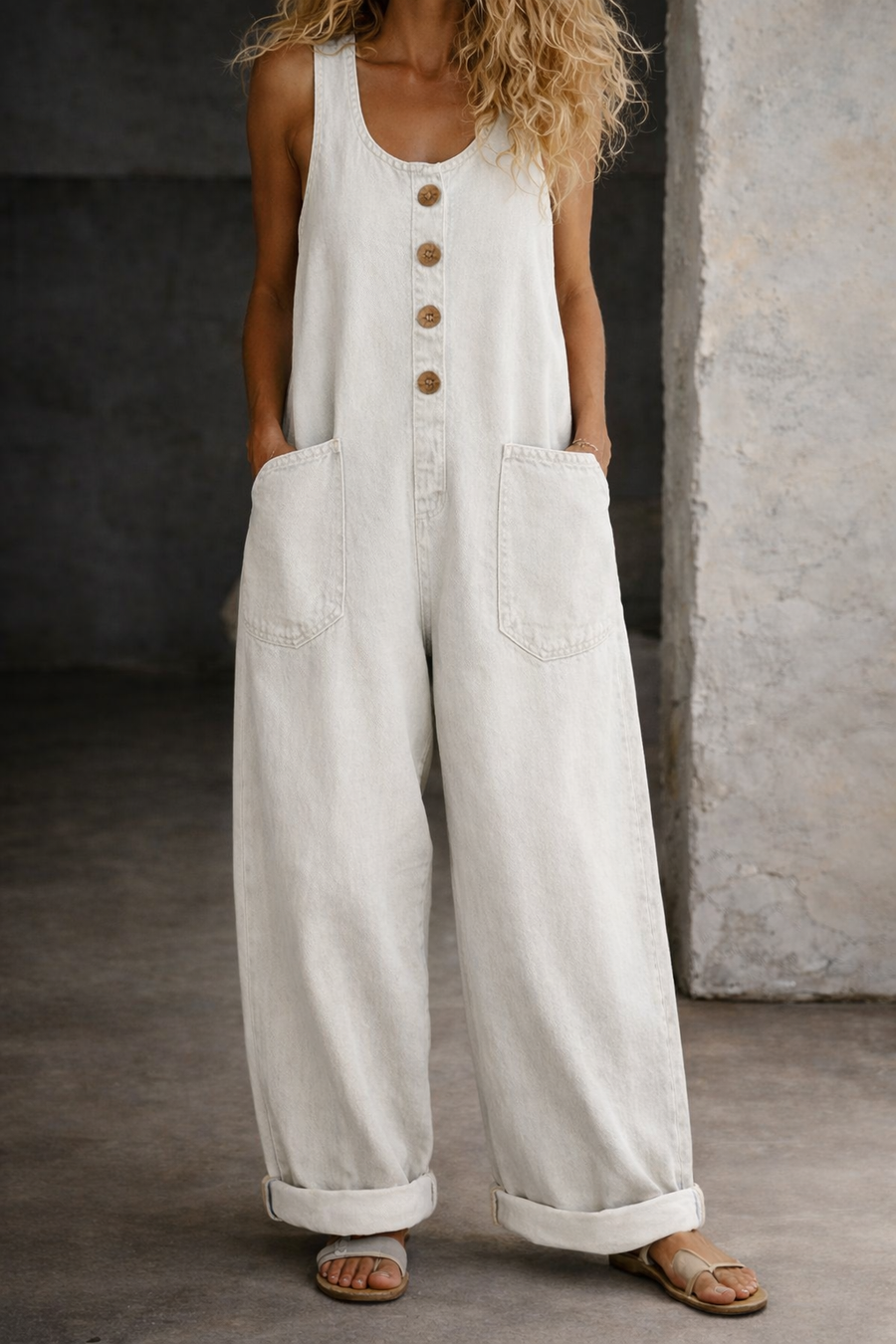 White washed denim overalls with button front and oversized side pockets, relaxed legs