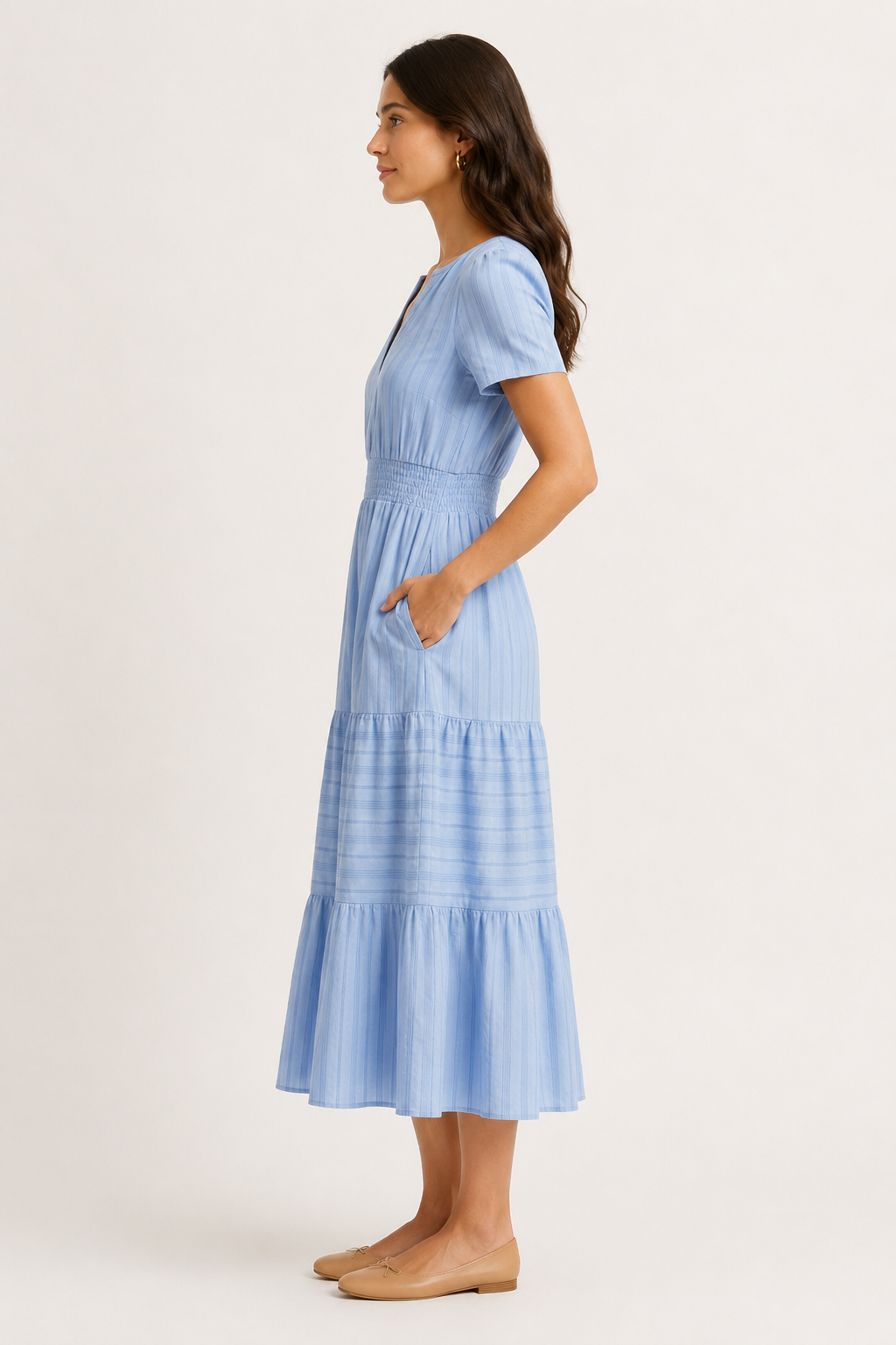 Solene dress in light blue seersucker, V-neck short sleeves, tiered midi skirt.