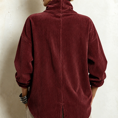 Burgundy corduroy button-up top, back view with mock neck and center vent.