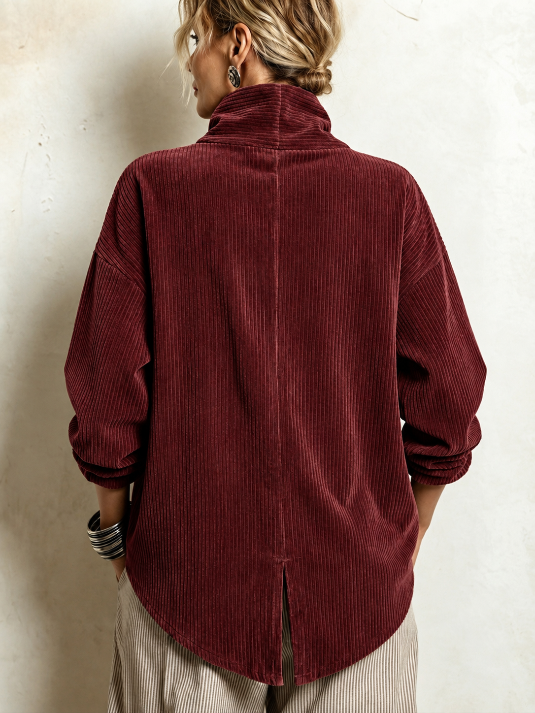 Burgundy corduroy button-up top, back view with mock neck and center vent.