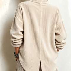 Cream corduroy button-up top, back view with mock neck and center back seam.