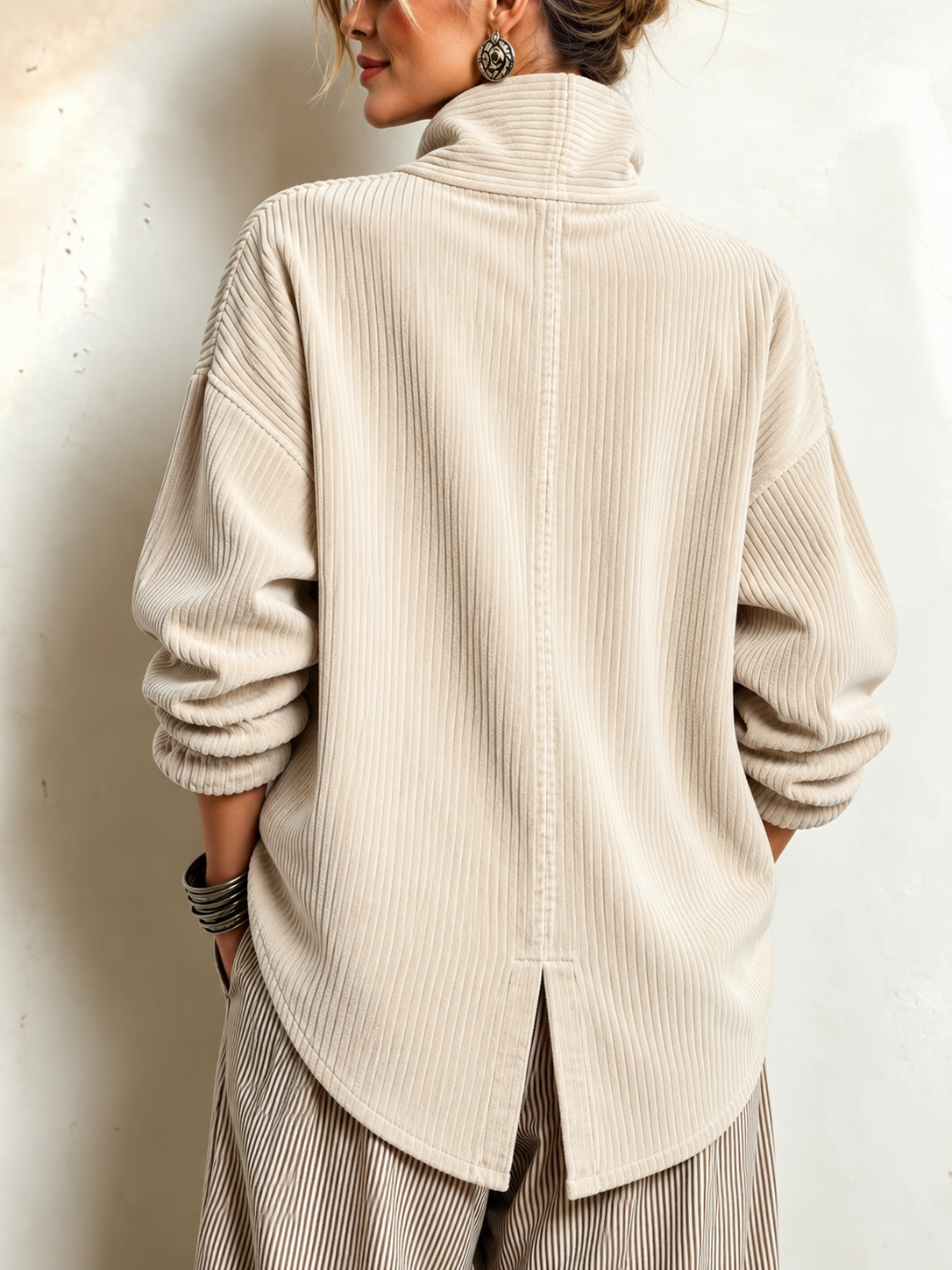 Cream corduroy button-up top, back view with mock neck and center back seam.