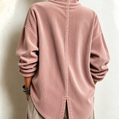 Dusty rose corduroy button-up top, back view with mock neck and center vent.