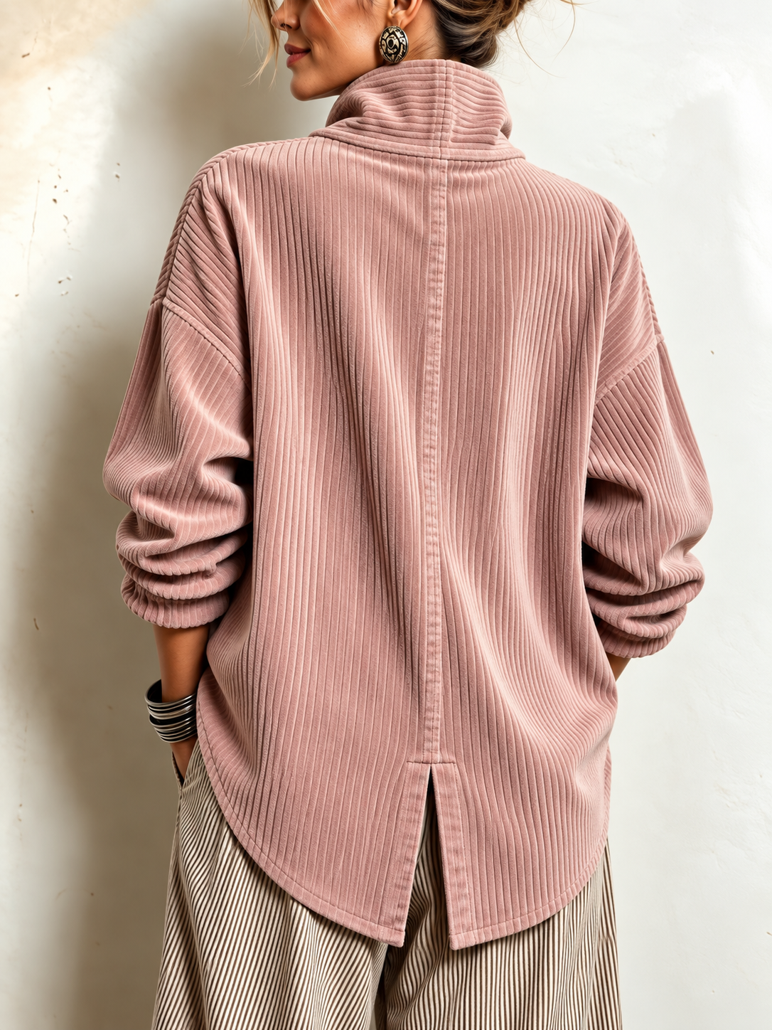 Dusty rose corduroy button-up top, back view with mock neck and center vent.