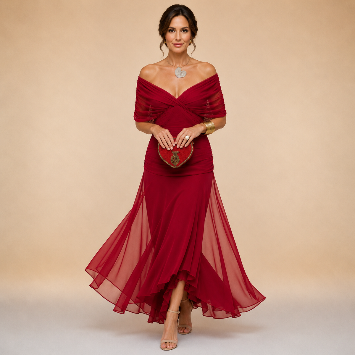 Venetian red off-shoulder evening maxi dress with ruched drape and sheer skirt overlay