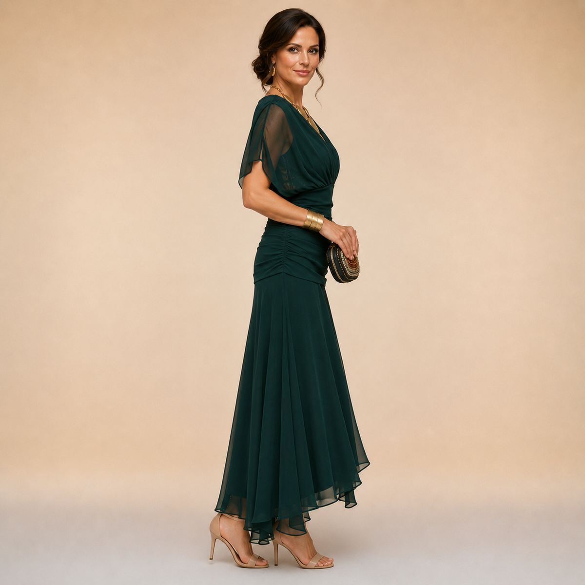 Dark green side-view draped V-neck maxi dress with short sheer sleeves and layered hem