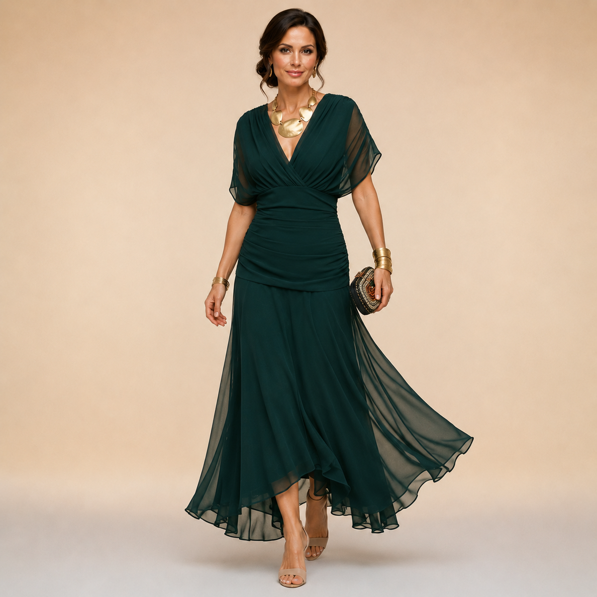 Dark green draped V-neck evening maxi dress with short sheer sleeves and chiffon flounce