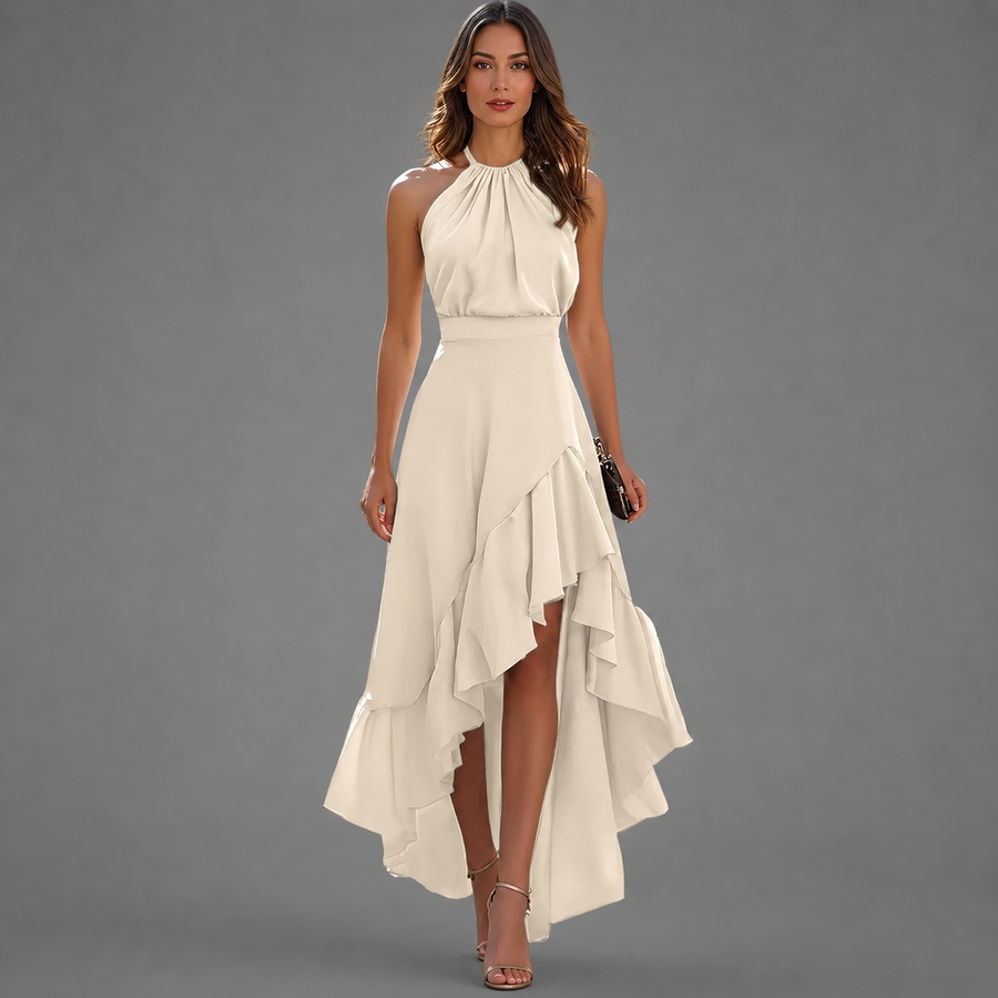 White halter maxi dress, sleeveless bodice, draped waist, layered asymmetric ruffle hem