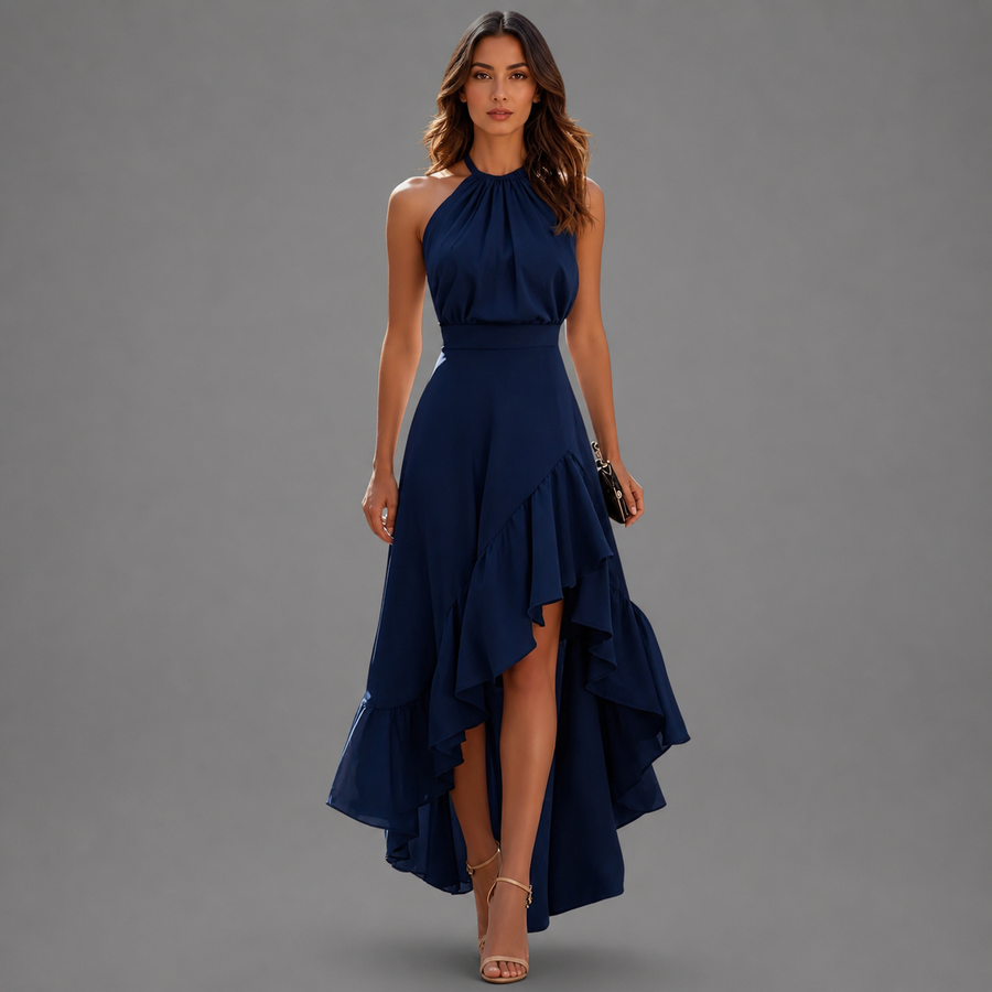 Navy halter maxi dress, sleeveless bodice, draped waist, layered asymmetric ruffle hem