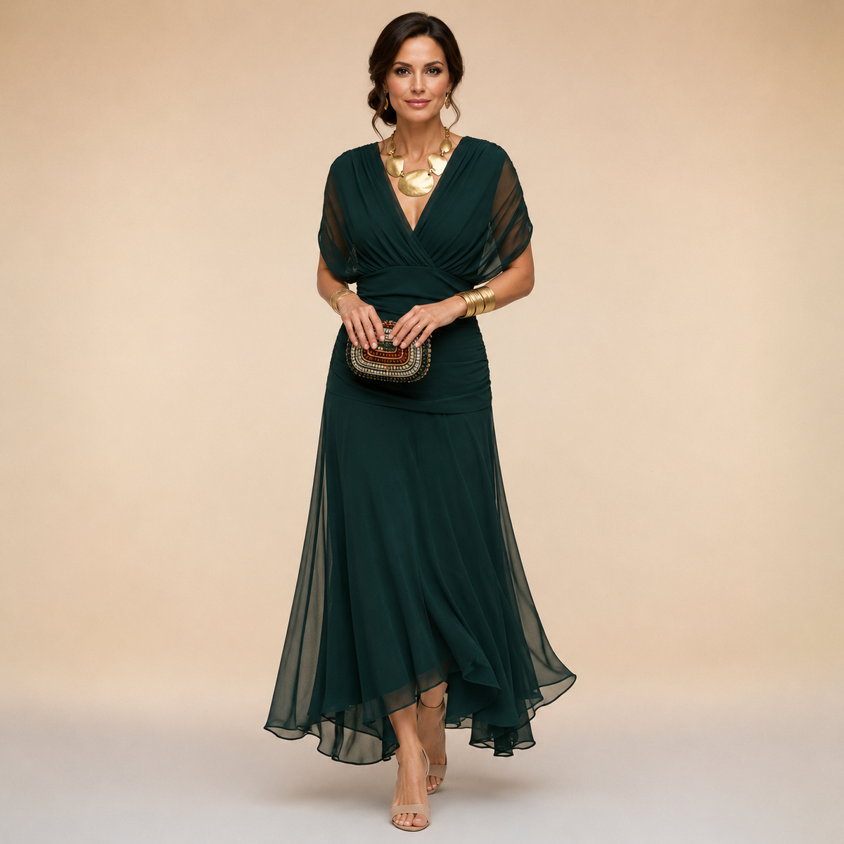 Dark green draped V-neck evening maxi dress with short sheer sleeves and flowing skirt