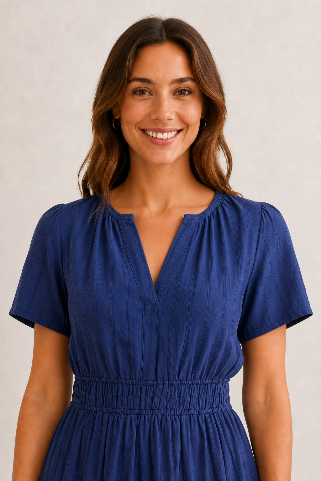 Royal blue V-neck short-sleeve dress with elastic waist and tiered skirt