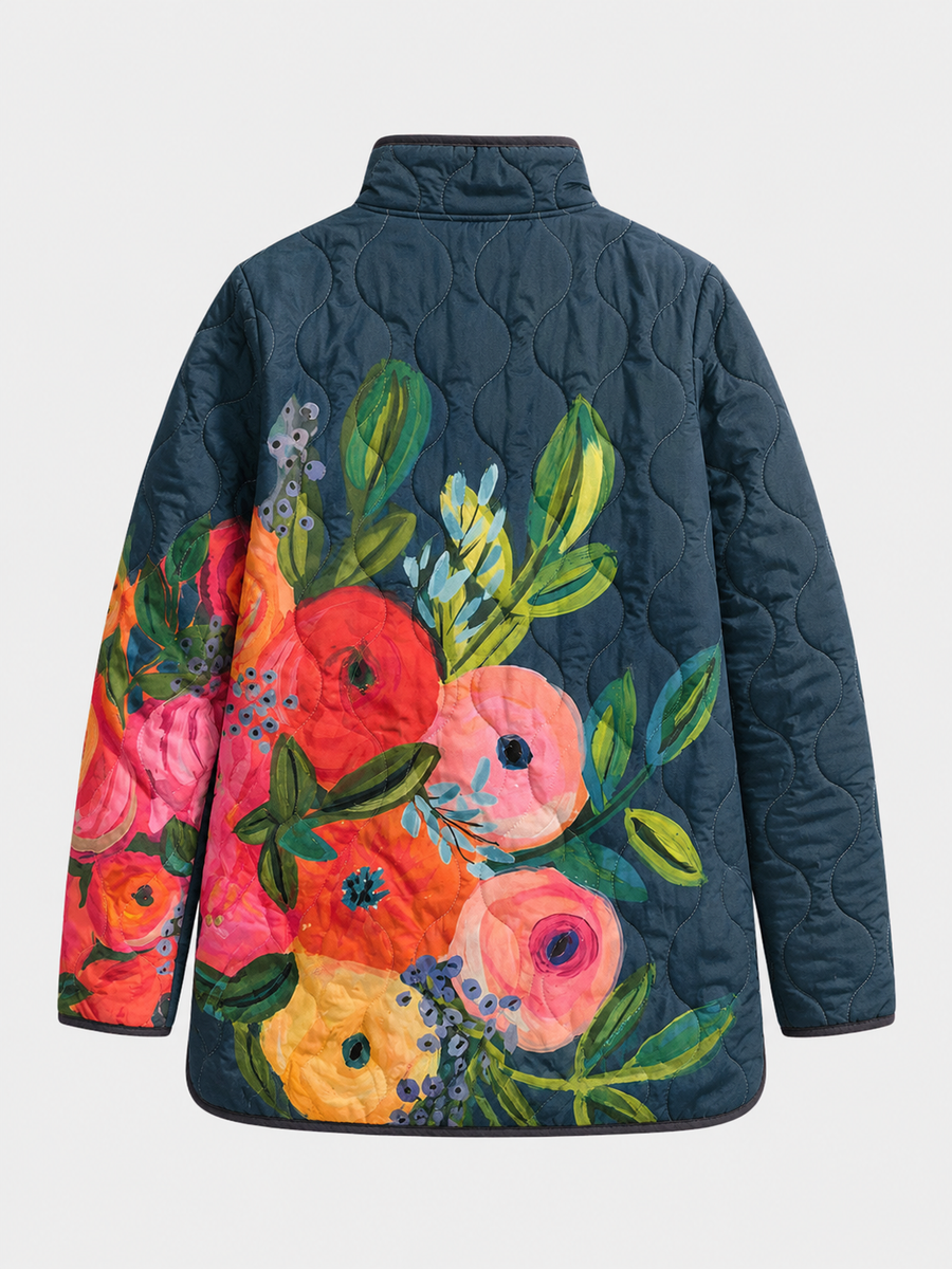 Quilted floral print jacket, navy back with stand collar and button placket