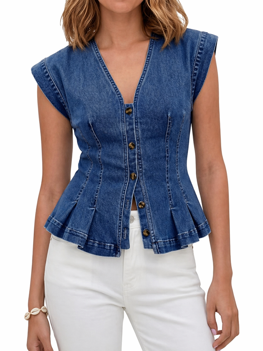 Blue denim V-neck sleeveless peplum top with button front and curved hem
