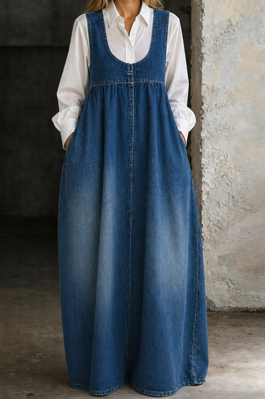 Blue loose denim vest dress with V-neck, button front, and full-length wide skirt.