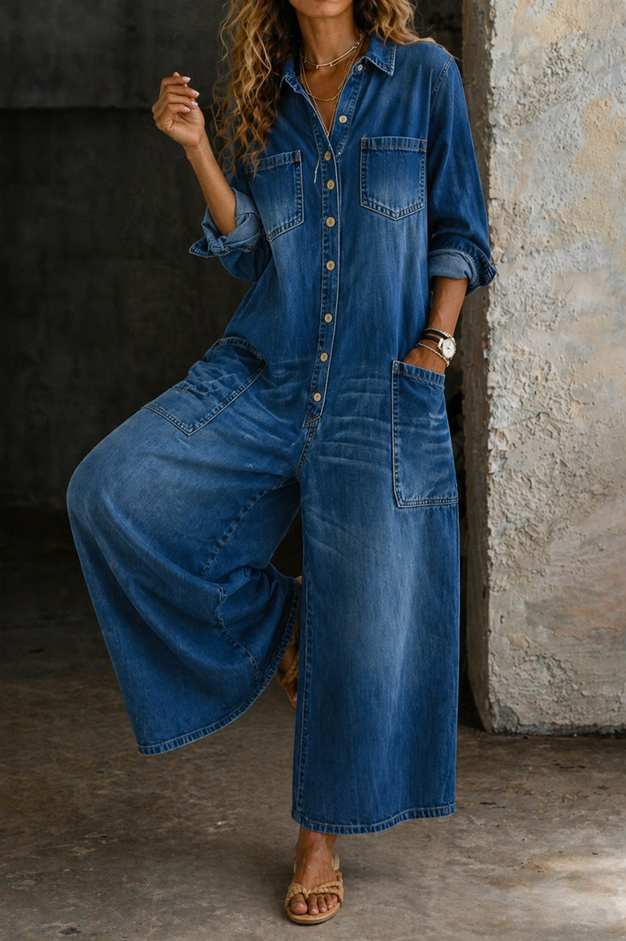 Blue denim jumpsuit with button front, collar, chest pocket, and wide-leg fit