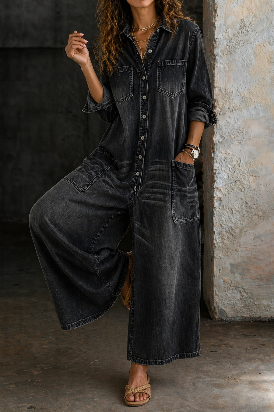 Black denim jumpsuit with button front, collar, chest pocket, and wide-leg pockets