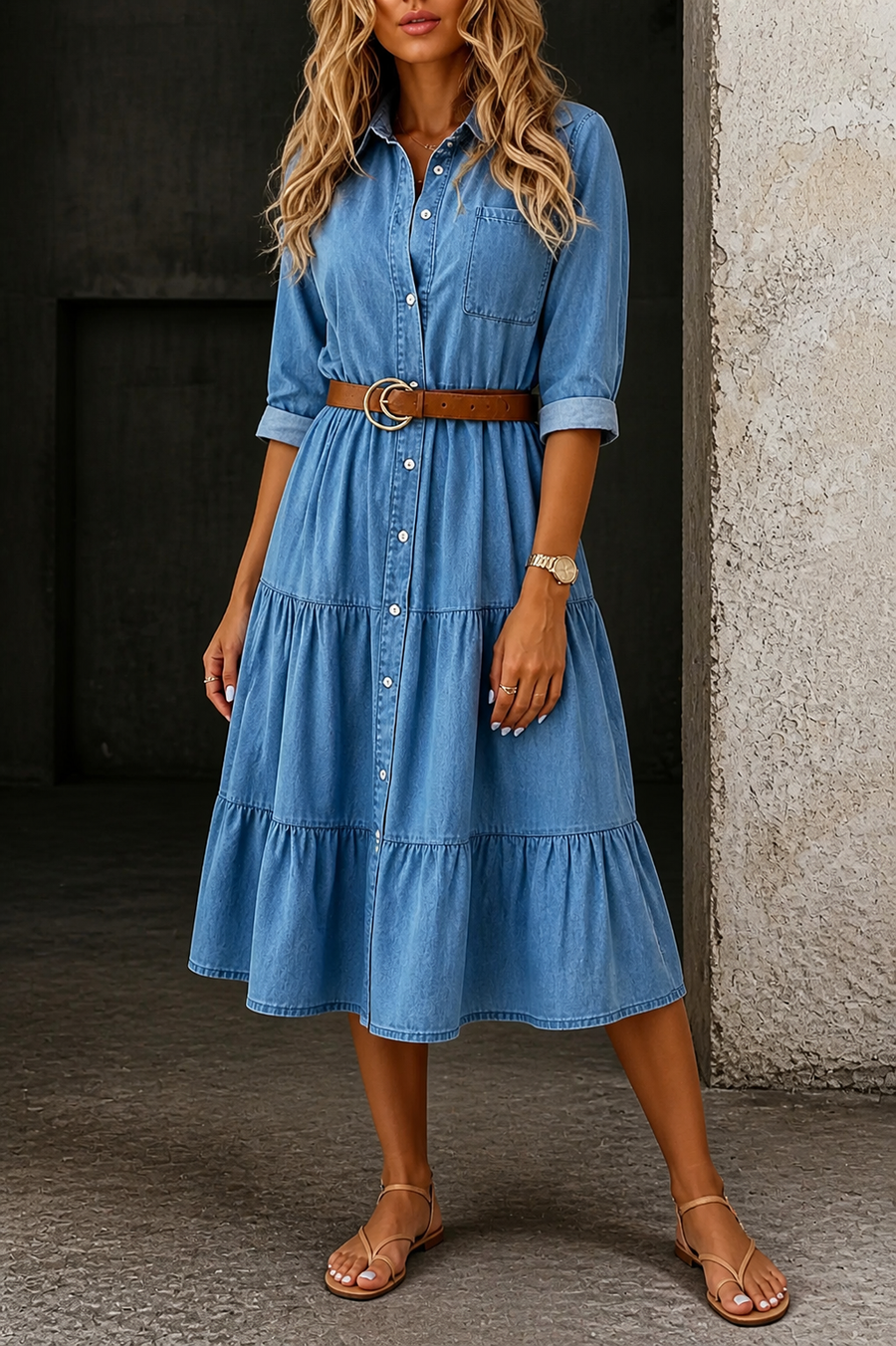 Light blue denim midi dress with button front, chest pocket, and tiered skirt