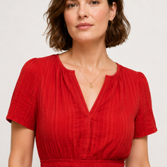Red V-neck midi dress with short sleeves and elastic waist, neckline close-up