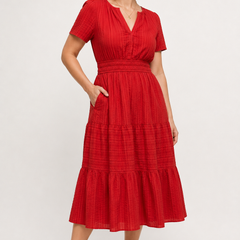 Red tiered midi dress with V-neck short sleeves and gathered waist