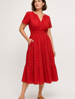 Red tiered midi dress with V-neck short sleeves and gathered waist