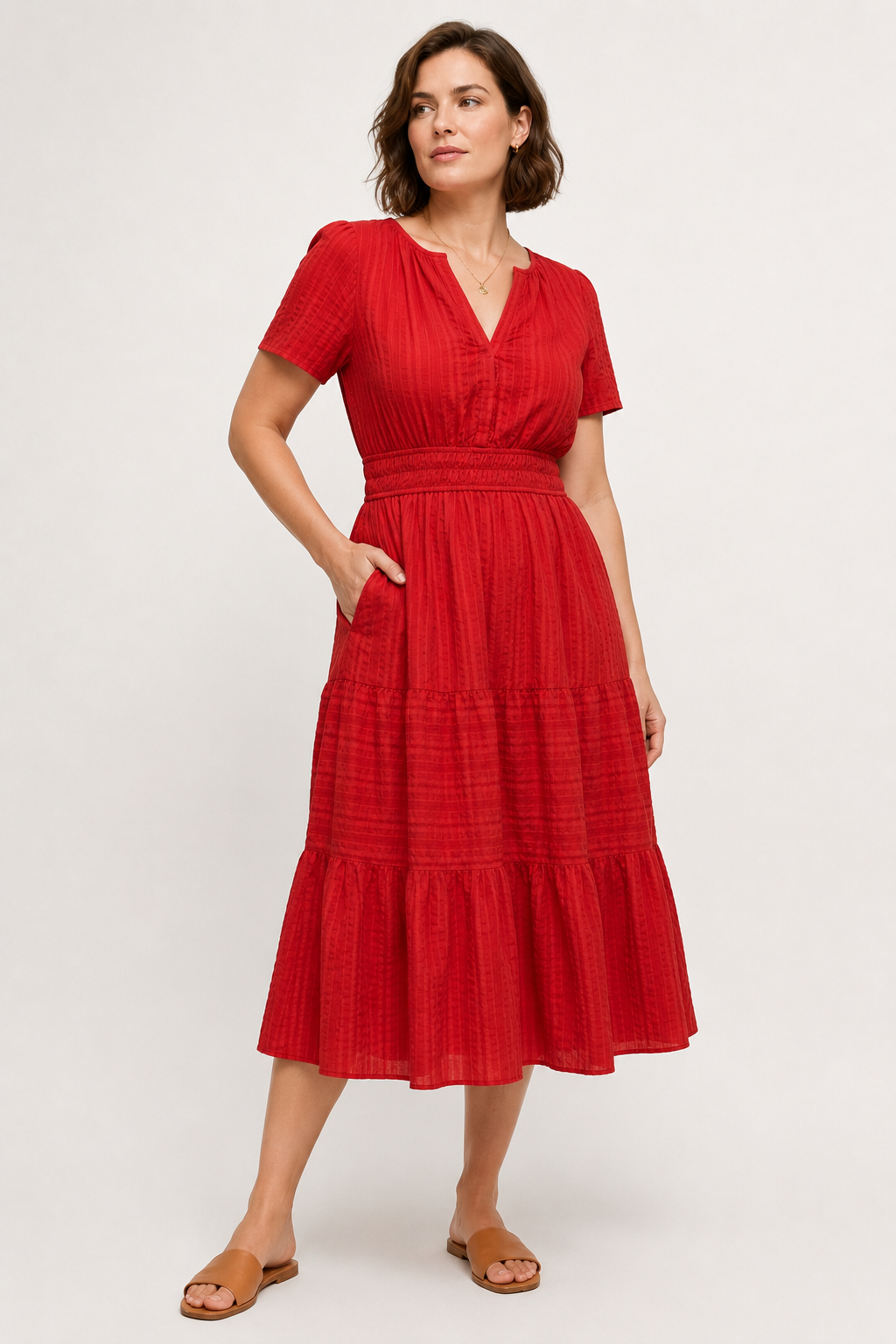 Red tiered midi dress with V-neck short sleeves and gathered waist
