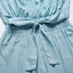 Light blue jumpsuit waist tie with elastic smocked waistband