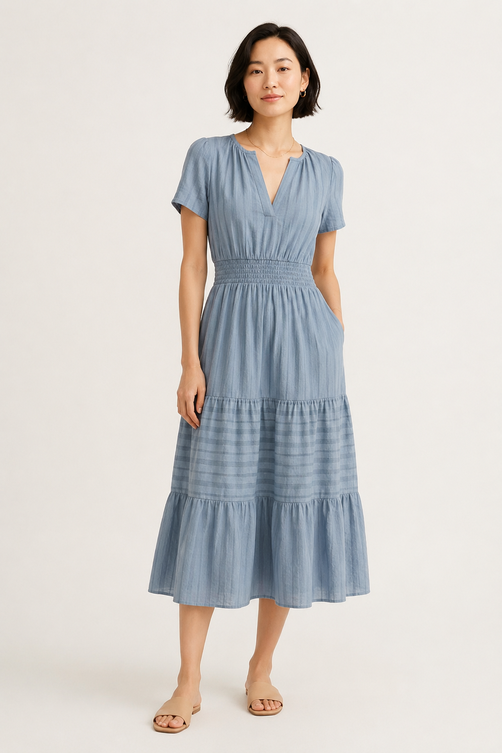 Light blue tiered V-neck midi dress with short sleeves and gathered waist