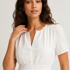 Solene dress close-up: white V-neck with pintuck texture, short puff sleeves, gathered waist
