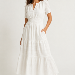 Solene dress in white cotton, V-neck, short sleeves, tiered midi skirt, gathered waist