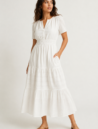 Solene dress in white cotton, V-neck, short sleeves, tiered midi skirt, gathered waist