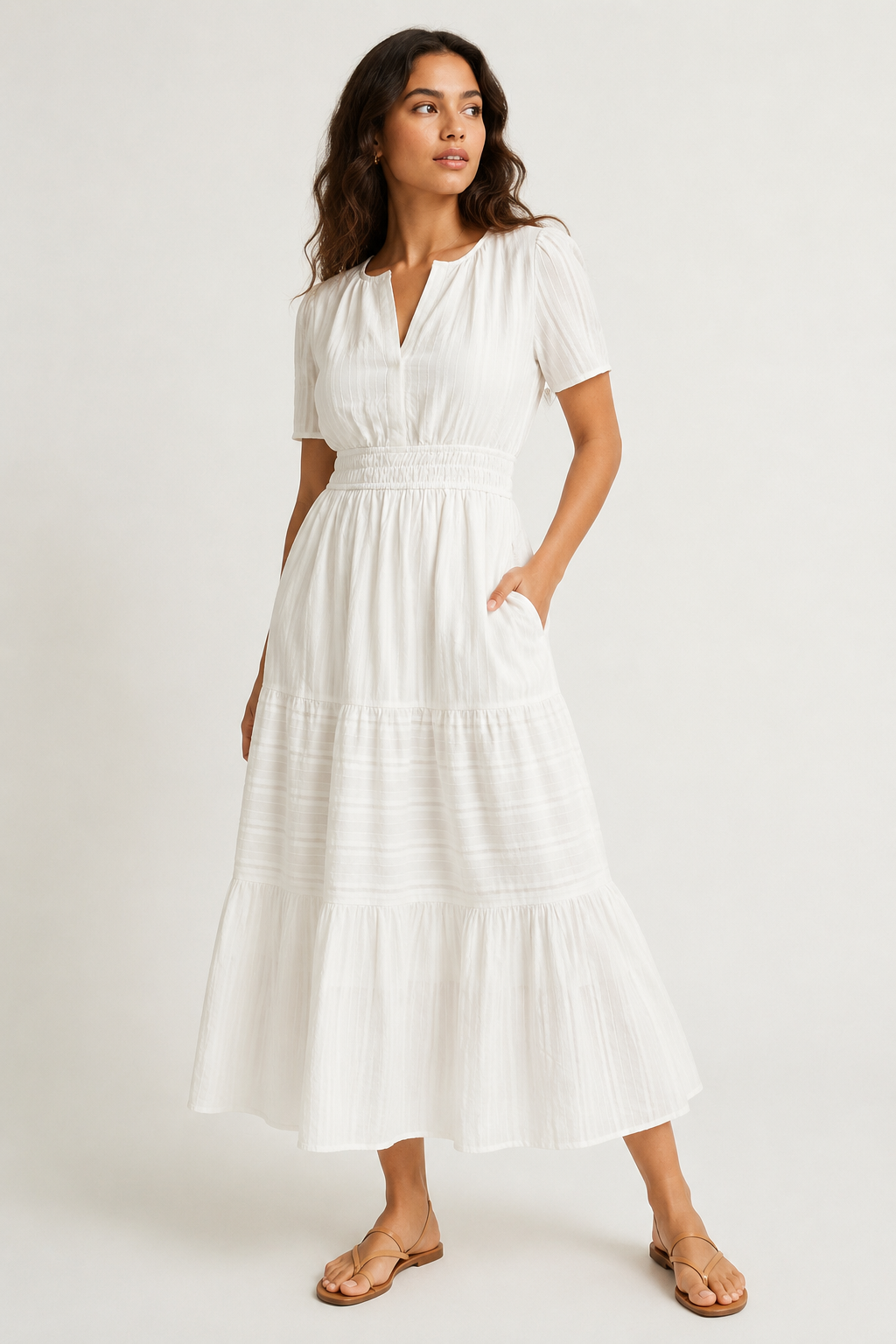 Solene dress in white cotton, V-neck, short sleeves, tiered midi skirt, gathered waist