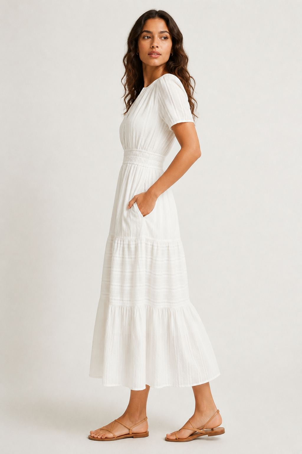 Solene dress side view, white tiered midi skirt with gathered waist and short sleeves
