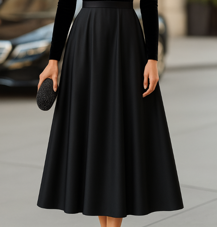 Black midi A-line dress skirt with pleated volume and fitted waist band, long sleeves