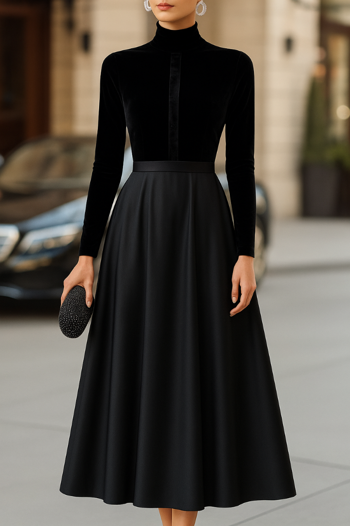 Black velvet midi dress with high neck, long sleeves, fitted bodice and flared skirt