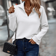 Women's white half-zip knit pullover with stand collar, long sleeves