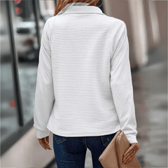 Women's white half-zip knit pullover, back view, long sleeves