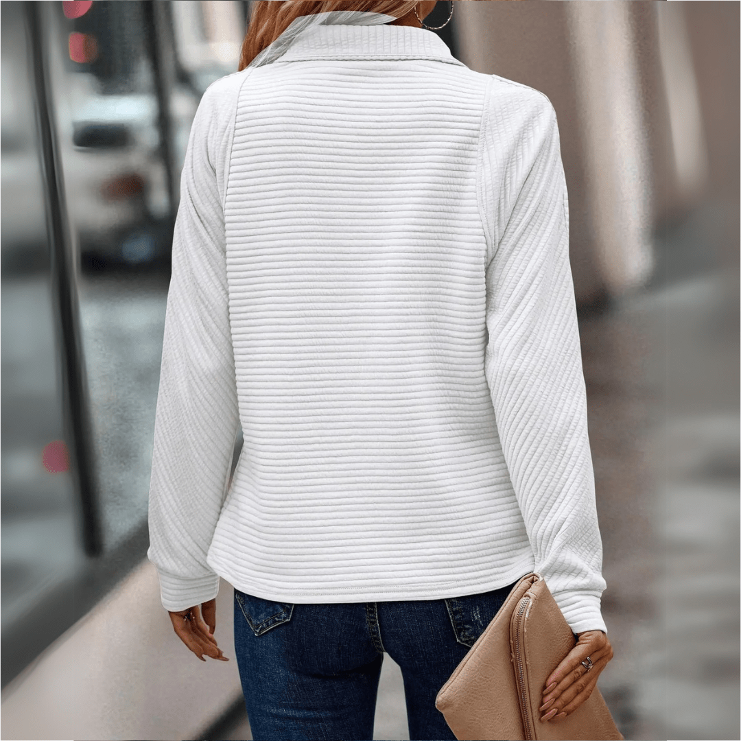 Women's white half-zip knit pullover, back view, long sleeves