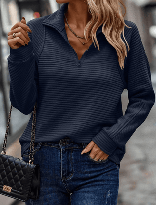 Women's navy half-zip knit pullover, long sleeves