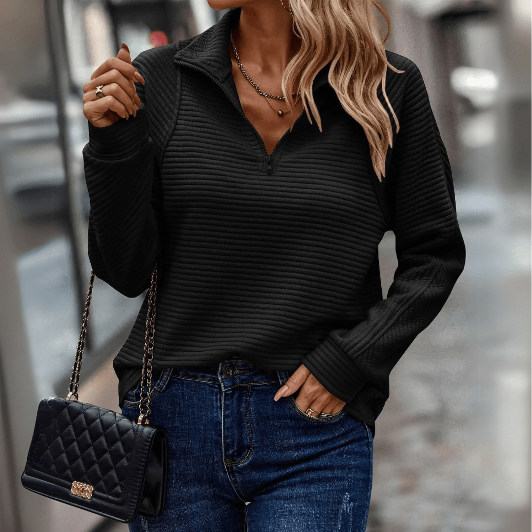 Women's black half-zip knit pullover with half zipper, long sleeves