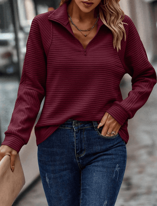 Women's burgundy half-zip knit pullover, long sleeves