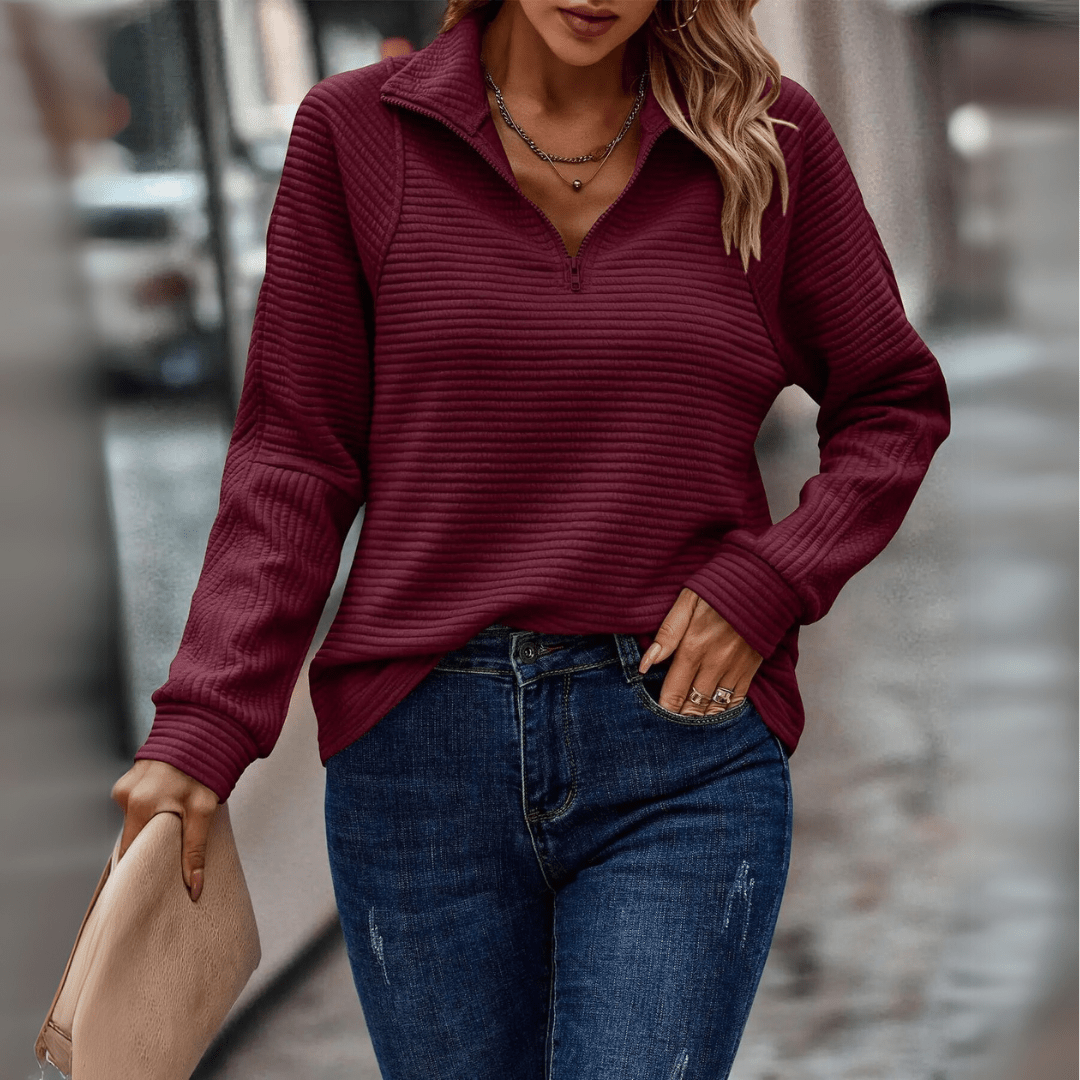Women's burgundy half-zip knit pullover, long sleeves