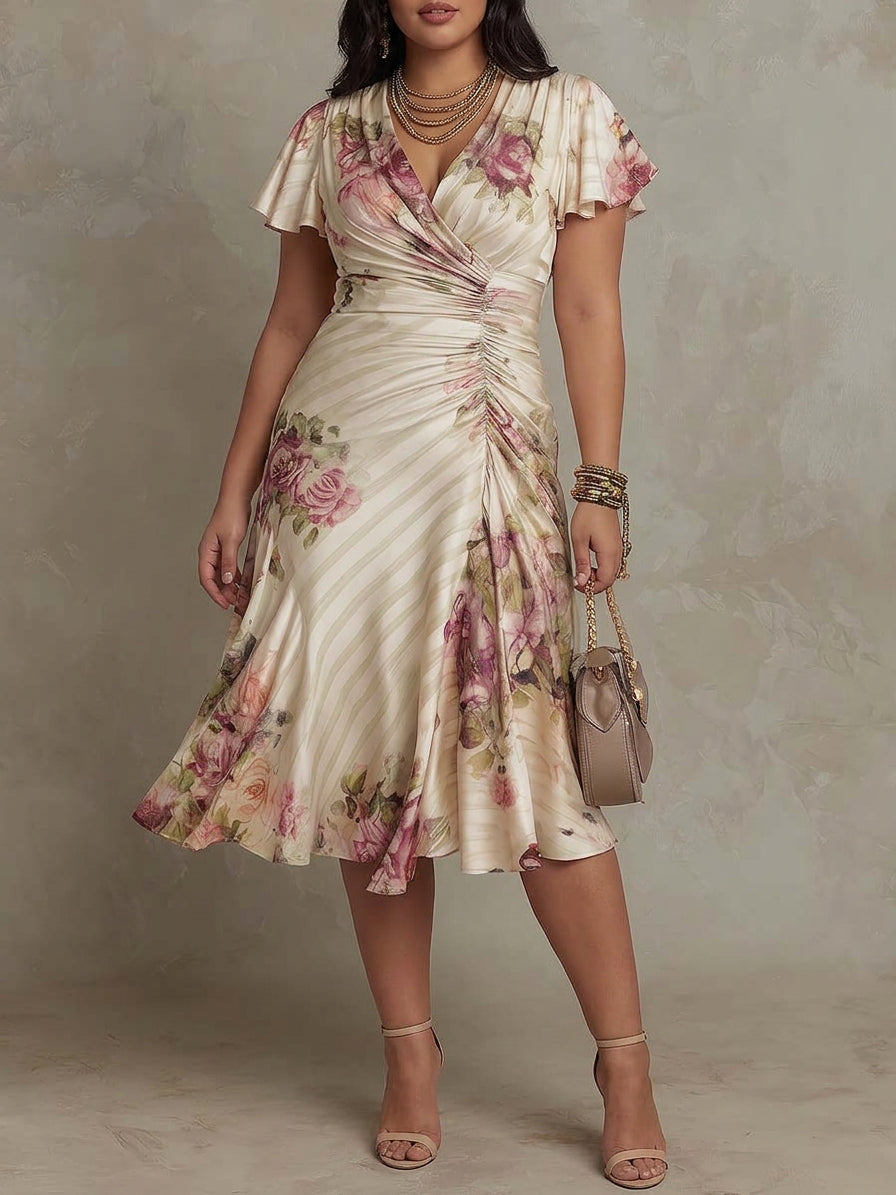 Margaret | Vintage Floral Satin Midi Dress