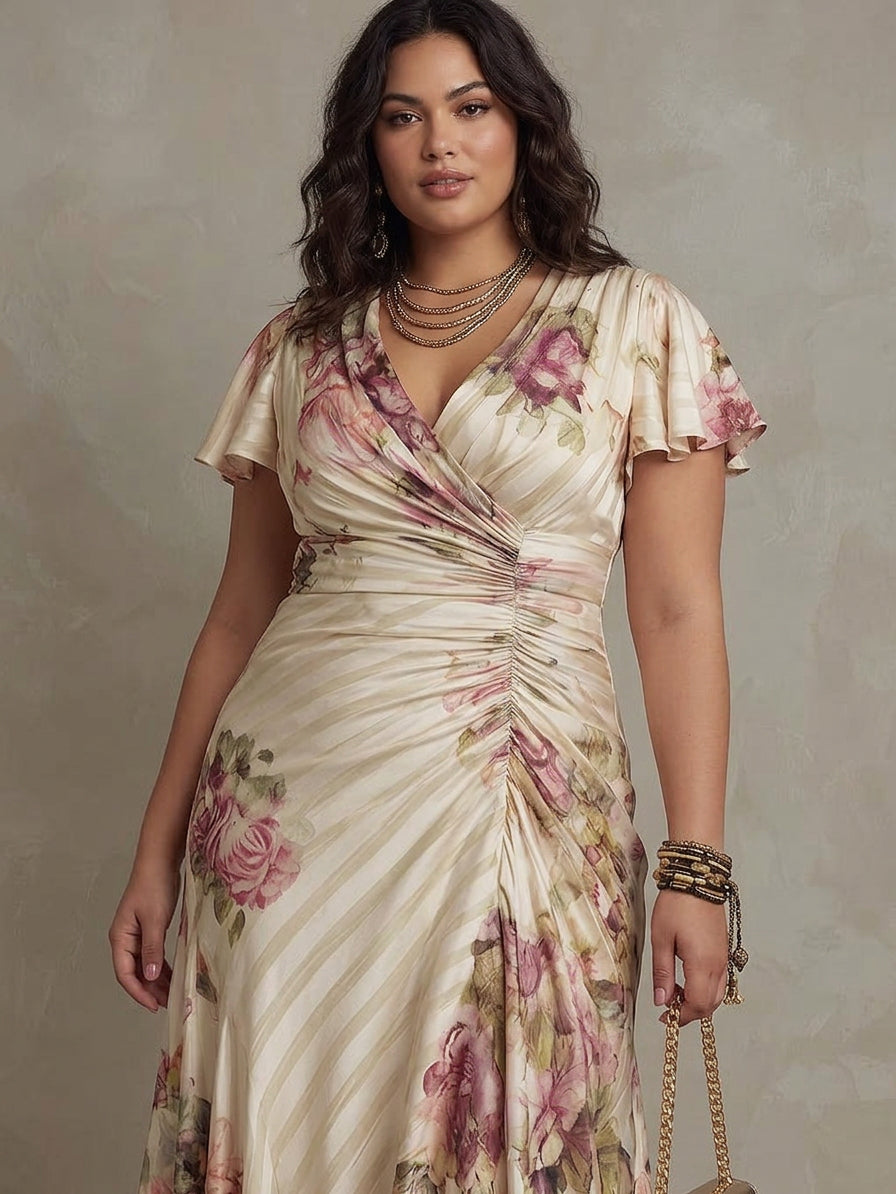 Margaret | Vintage Floral Satin Midi Dress
