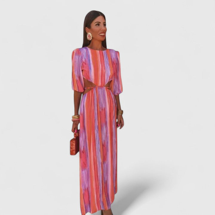 Multicolor striped long dress with short puff sleeves and cinched waist