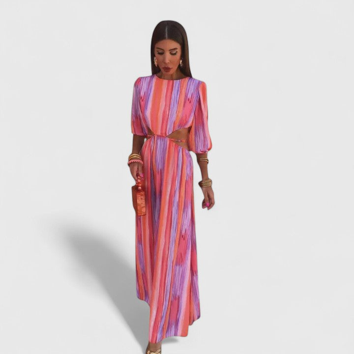 Multicolor striped long dress with front waist cutout and tie belt
