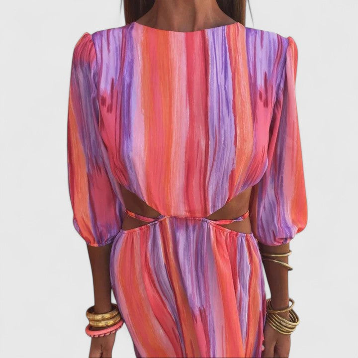 Backless multicolor striped dress with crisscross straps and bow ties