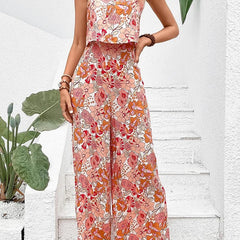 Apricot floral wide-leg jumpsuit, sleeveless square neckline, gathered waist, ankle length
