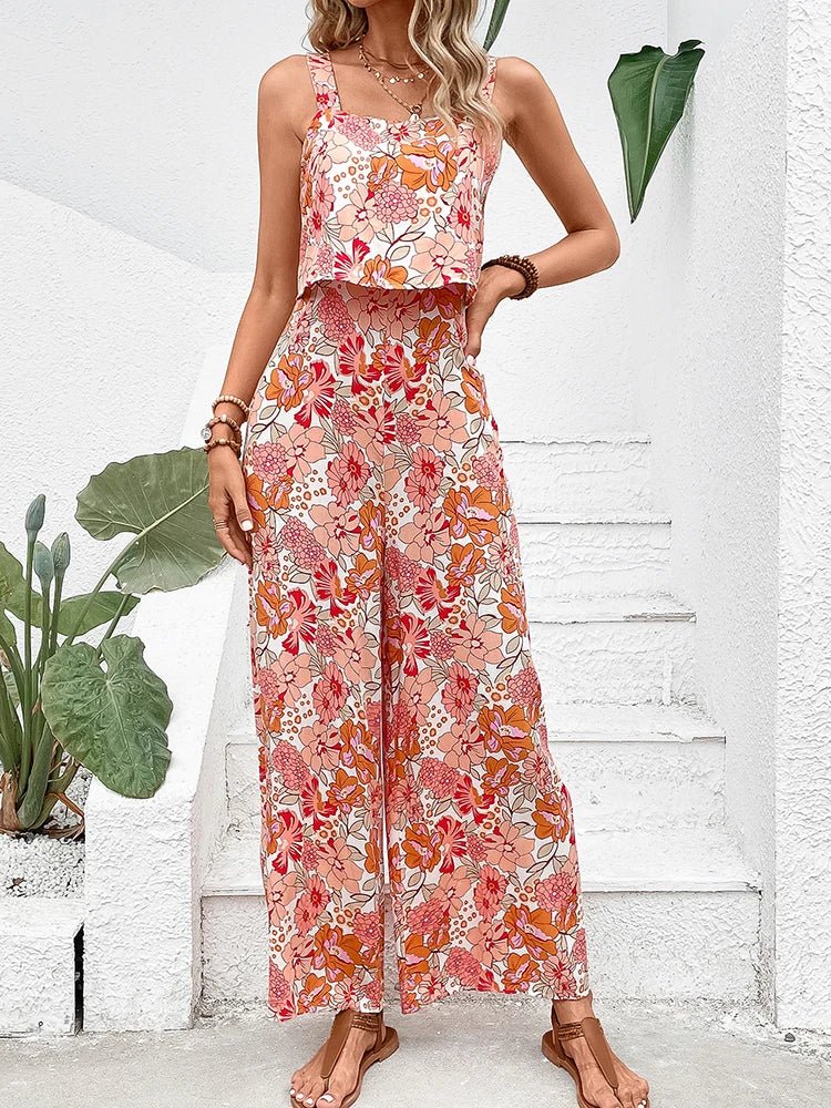 Apricot floral wide-leg jumpsuit, sleeveless square neckline, gathered waist, ankle length