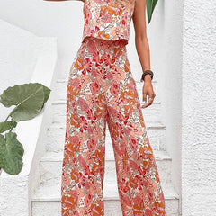 Apricot-orange floral wide-leg jumpsuit, sleeveless square neckline, gathered waist