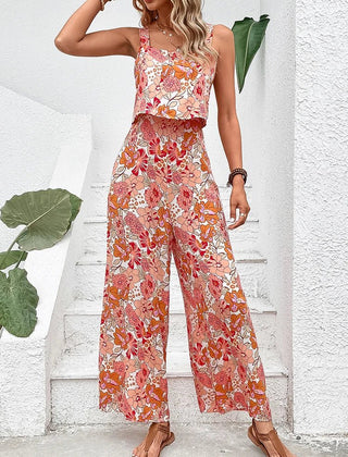 Apricot-orange floral wide-leg jumpsuit, sleeveless square neckline, gathered waist